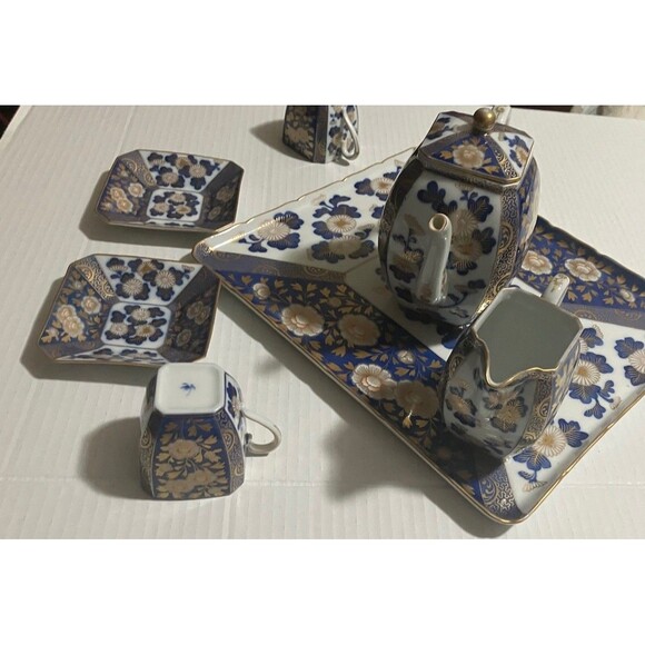Antique 7 Piece Fukagawa Koransha Cobalt Blue and Gold Gilt Tea Set W Platter - Picture 5 of 15